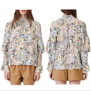Maje Letrany Printed Ruffle Top jungle white blanc floral blouse